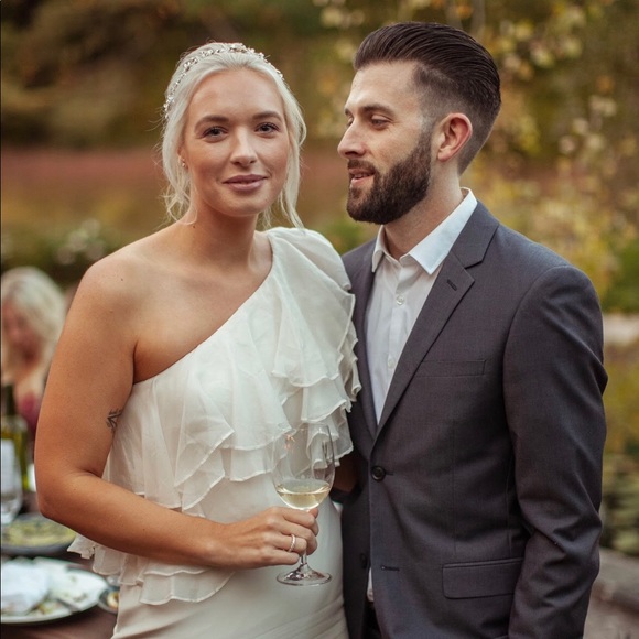 Marchesa Full Length Dress - One Shoulder Ruffles - Picture 2 of 5